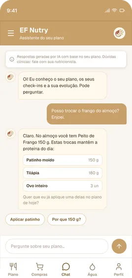 Tela de chat do EF Nutry respondendo a uma pergunta sobre troca de alimento no plano.
