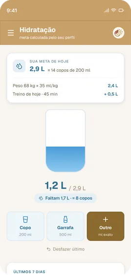 Tela de hidratação do EF Nutry, com a meta diária de água calculada e o progresso registrado.