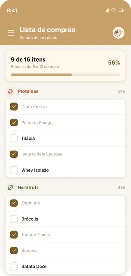 Tela de lista de compras do EF Nutry, com itens organizados por categoria e o progresso da semana.