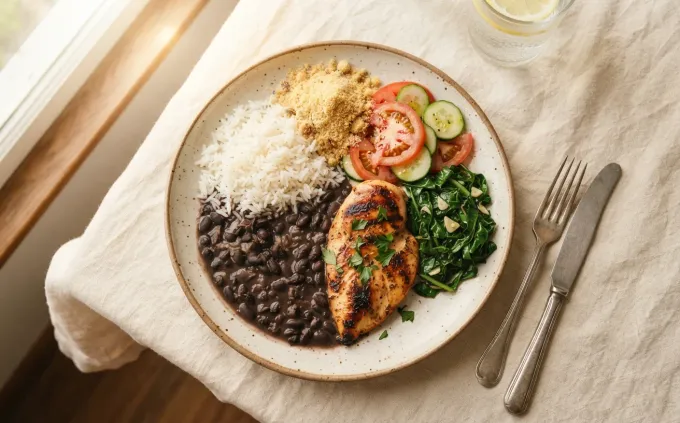 Arroz, feijão, frango e salada em um prato de comida brasileira.
